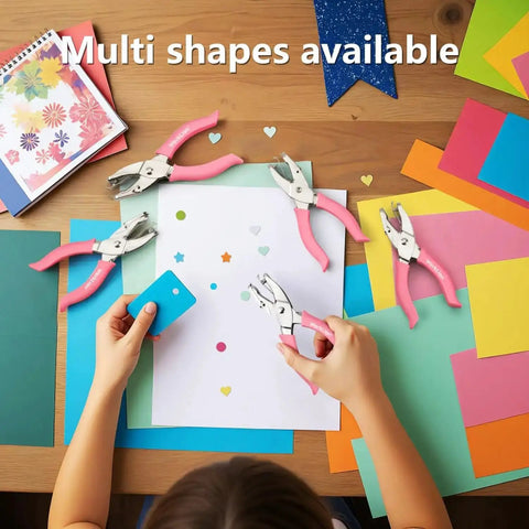 Child using Mini Hole Punch Set 5 In 1 with Heart Star and Circle Punches for paper crafts and DIY projects on colorful paper.