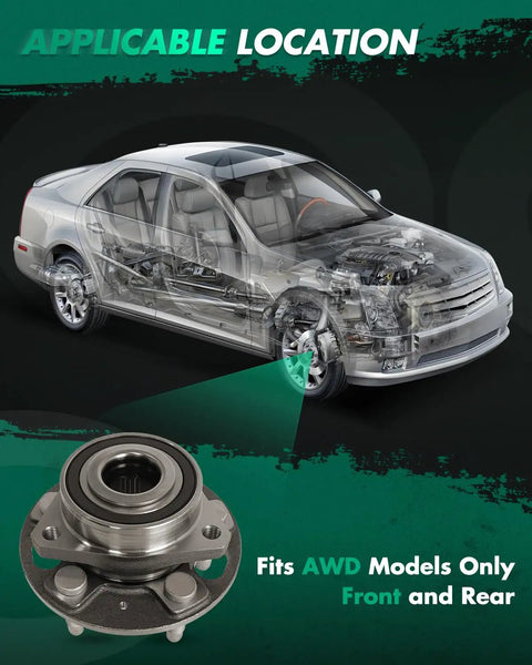 2 Pack Wheel Hub Bearing Set For Chevrolet Equinox GMC Terrain Buick Allure Regal Malibu Cadillac XTS Front And Rear 5 Lugs ABS Hub Bearing Assembly Fits 2010 2017 2013 2016 Vehicles with AWD model illustration and bearings shown.