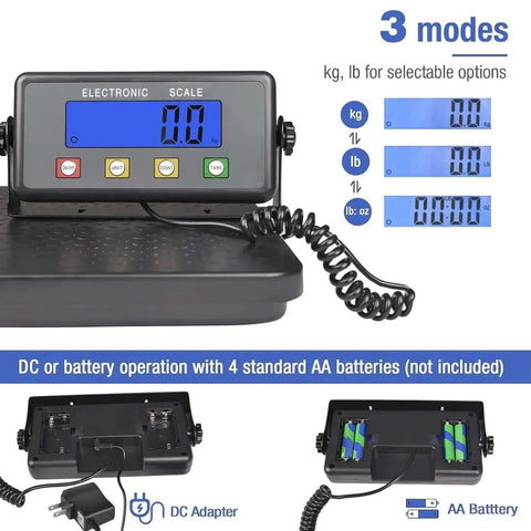 Heavy Duty Digital Postal Scale With 11.8 By 11.8 Inch Aluminum Anti Slip Platform, 440 Lb Capacity, 0.2 Lb Min, Tare, Count, Auto Off, Portable Shipping Scale showing LCD screen and modes.