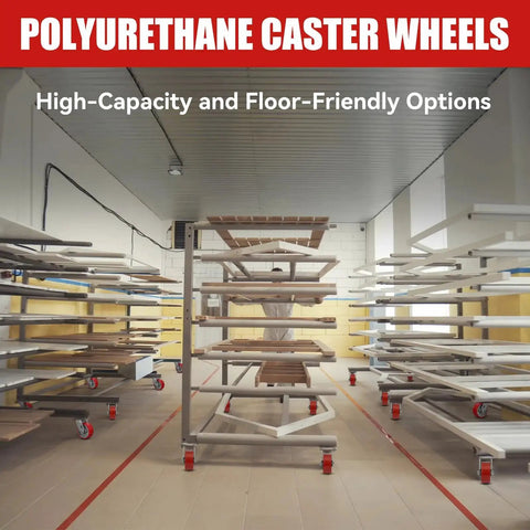 Industrial racks with 5 Inch By 2 Inch Plate Swivel And Brake Caster Wheels Set Of Four with polyurethane tread in warehouse.