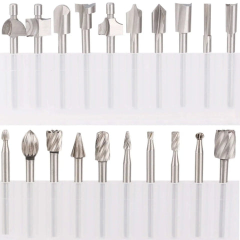 10 Piece High Speed Steel HSS Router Bits Set With 1 8th Inch Shank 3mm For Rotary Tools laid out in two rows