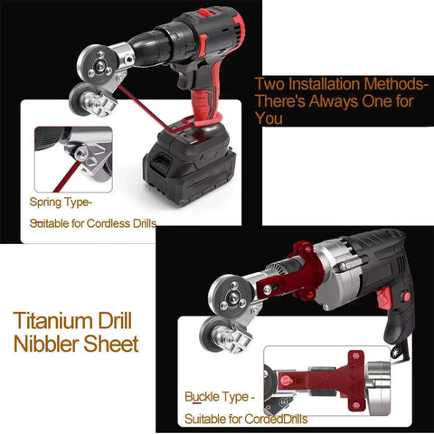 Drill Nibbler Sheet Metal Cutter Attachment For Electric Drills With Adapter showing two installation methods, suitable for both cordless and corded drills.