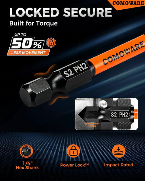 Close-up of Phillips Impact Screwdriver Drill Bit Set Number Two S2 Steel Quarter Inch Hex Bits with Power Lock and impact rating.