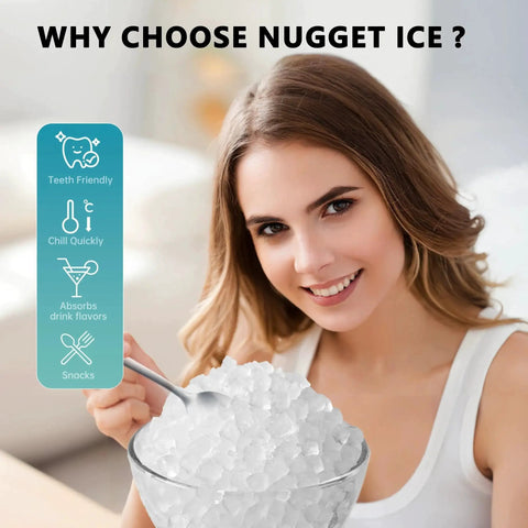 Woman holding spoon with nugget ice bowl, benefits listed, related to Nugget Ice Maker Countertop With Auto Clean, 34 Lbs Per Day, 6 Min Ready