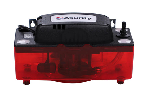 Asurity condensate pump with red translucent reservoir and black top housing, 120V