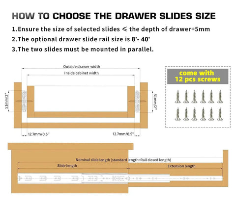 Diagram showing installation of Heavy Duty Drawer Slides With 200 Lb Capacity Full Extension Ball Bearing Rails 20 Inch Pair