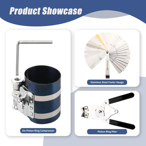 Universal Beefed Up Piston Ring Compressor Tool Kit For Car Engine Three Inch Four Inch And Six Inch Size Range With Piston Ring Installer Removal Kit And Piston Installer Plier And Stainless Steel Feeler Gauge, Heavy Duty Spring Steel Construction.