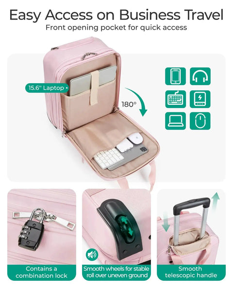Underseat Carry On Luggage With Wheels For Women Sixteen Inch Lightweight Softside Carry On Bag For Airplanes Airline Approved Baby Pink Rolling Suitcase with laptop compartment and lock