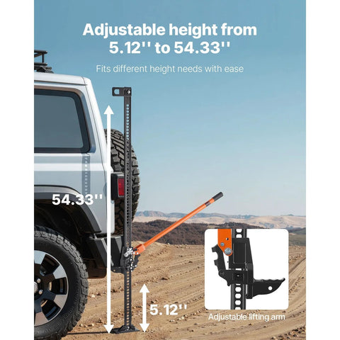 60 Inch Ratcheting Farm Jack 7000 Lb Capacity For Tractor Truck SUV Orange next to vehicle showing height adjustment