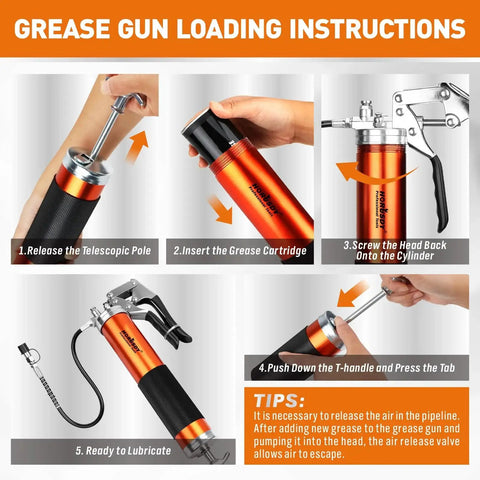 Beefed Up 8000 PSI Grease Gun Kit With 14oz Grease, Dual 11 Inch Hoses, flexible hose and lock coupler, loading instructions shown