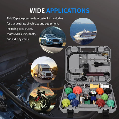Pro Grade All In One 25 Piece Coolant Pressure Tester Kit With Vacuum Purge And Refill Tool displayed with automotive icons