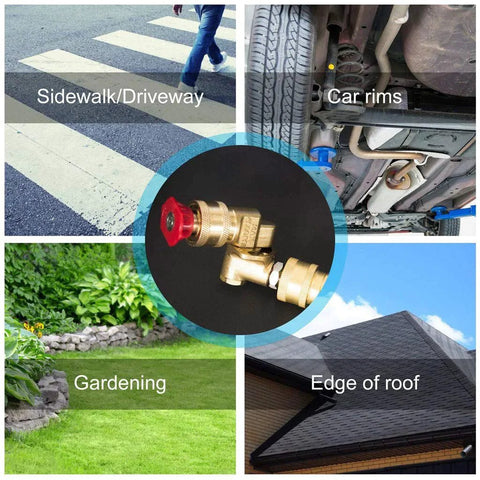 Six Piece Pressure Washer Accessory Kit With Five Spray Nozzle Tips And Pivoting Quick Connect Coupler For Up To 4500 PSI One Quarter Inch Quick Change 180 Degree Angled Pivot For Hard To Reach Cleaning collage demonstrating diverse cleaning applications.