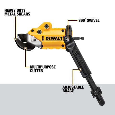 Beefy Heavy Duty Metal Shear Drill Attachment With 360 Degree Pivoting Head for cutting 18 gauge metal, DeWalt shown in side view
