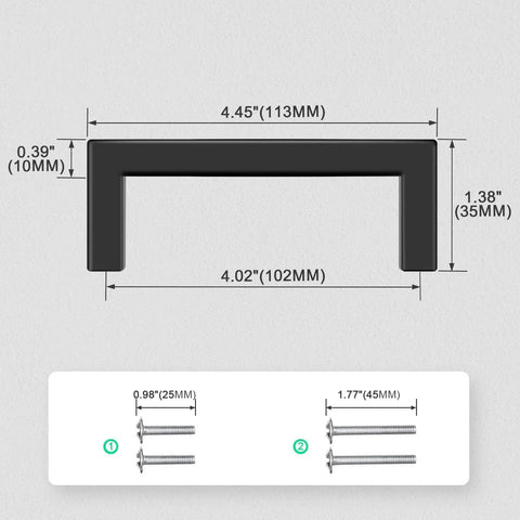 102mm Center To Center Matte Black Stainless Steel Cabinet Handles Pack Of 10 with screws shown for installation.
