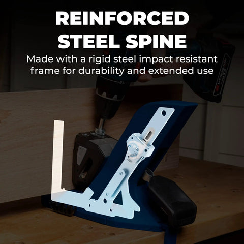 Pocket-Hole Jig 720PRO with easy clamping and adjustable setup shown with reinforced steel spine for durability in woodworking.