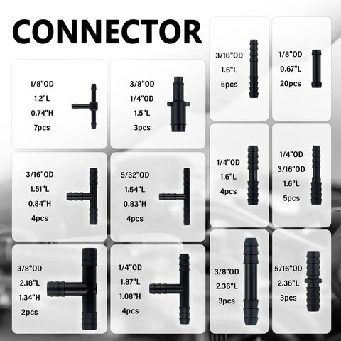 Connectors for Six Piece Five Foot Silicone Vacuum Hose Kit, various sizes in black, showing dimensions and quantities for auto use