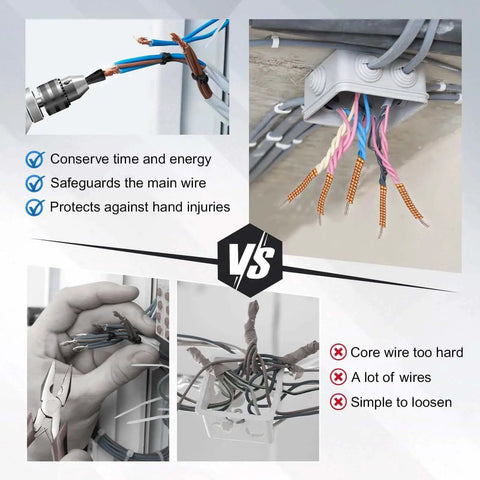 Comparison of Multifunctional Wire Twister Tool Set for Drill and traditional methods with images showing wire connections and safety icons.