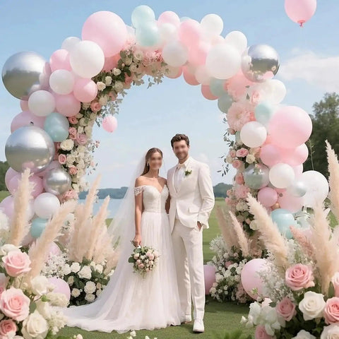 Flexible Balloon Arch Kit with Stand and Base For Events 9 Feet And 5.6 Ft High, decorated for an outdoor wedding ceremony