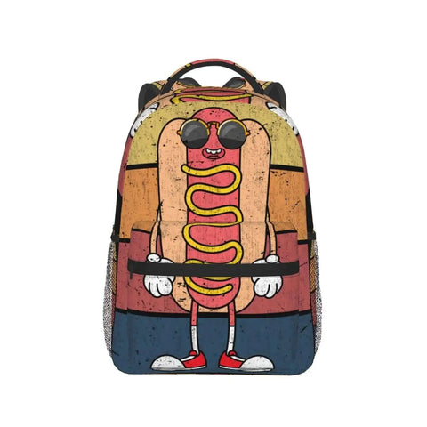 Lightweight Laptop Backpack For Women And Men Unisex Daily Carry Daypack For Work And Travel Casual Slim Yet Roomy Polyester Bag with a cartoon hotdog design.