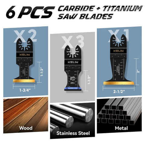 Six Piece Carbide And Titanium Multitool Blades Kit, Heavy Duty Oscillating Tool Blades For Wood And Metal Cutting, Nails And Screws, PVC And Drywall, With Hangable Case, Universal Interface Fit Bosch Fein Dewalt