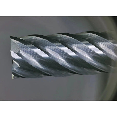 Close-up view of carbide end mill for finishing machining square cutter, six flute, pro grade tool for cutting alloy steel, cast iron, and hardened steel; features a 1/4 inch shank, 2.5 inch length.