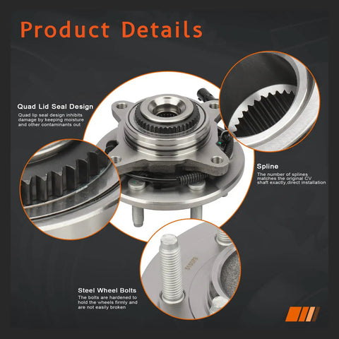 Front Wheel Hub And Bearing Assembly For 4WD Ford F150 2004 2006 2007 2008 And Lincoln Mark LT 2006 2007 2008 With 6 Lug And ABS 515079 Swap In Ready Direct Replacement For Easy Install, showing hub design and steel wheel bolts