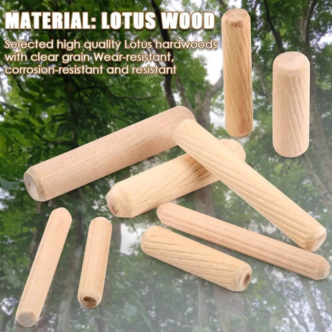 Wooden Dowel Pins Set, 200 Pcs, Nine Sizes With Tapered Beveled Ends and Fluted Grooves, lotus wood variety shown.