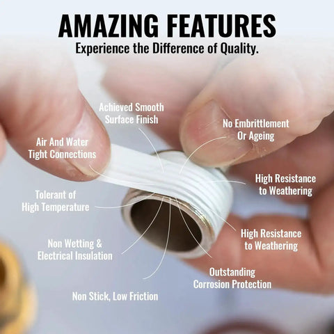 Close-up of High Density PTFE Plumbers Tape for shower heads, faucets, and water line connections, highlighting features.