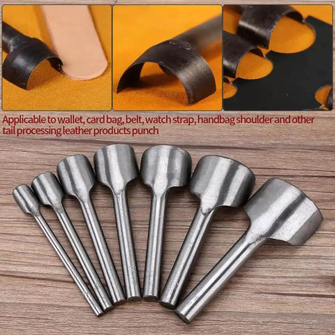 Half Round Leather Punch Cutter Set 7 Piece DIY Leather Craft Tool For Wallets Belts Straps And More Handy Pro Grade Solid Steel End Cutter With 10 To 40 Millimeter Circle End Options For Clean Half Circle Edges displayed on wooden background.