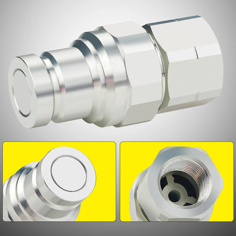 Side view of ANCIMOON 3/8'' NPT flat-face hydraulic quick-connect coupler with dust cap in silver metal
Front view of ANCIMOON flat-face hydraulic quick-connect coupler, 3/8'' NPT, silver metal
Close-up of threaded end of ANCIMOON 3/8'' NPT hydraulic quick-connect coupler, silver metal