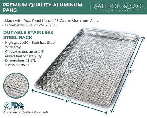 Heavy Duty Aluminum Half Sheet Pan With Stainless Steel Cooling Rack Set, 13x18 Inches, commercial quality bakeware dimensions.