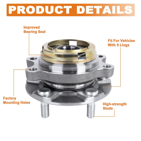 Front Wheel Hub Bearing Assembly Pair For 2007-2012 Nissan Altima 2.5L 4-Cylinder With ABS Sensor, 5 Lug, 4-Bolt Flange