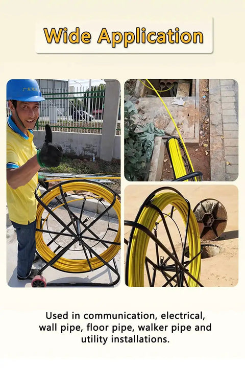 Worker using 6Mm Fiberglass Fish Tape With Steel Reel Stand for electrical installations showing wide application in utility setups