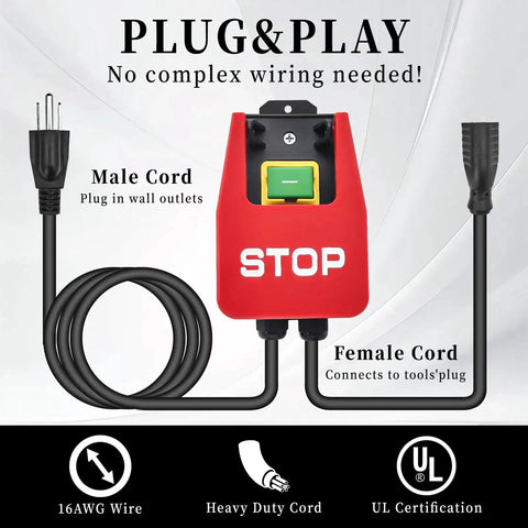 Emergency Stop Safety Switch With Large Red Stop Paddle For Hands Free Operation, UL Certified, 110V-120V, dual 16AWG cords shown