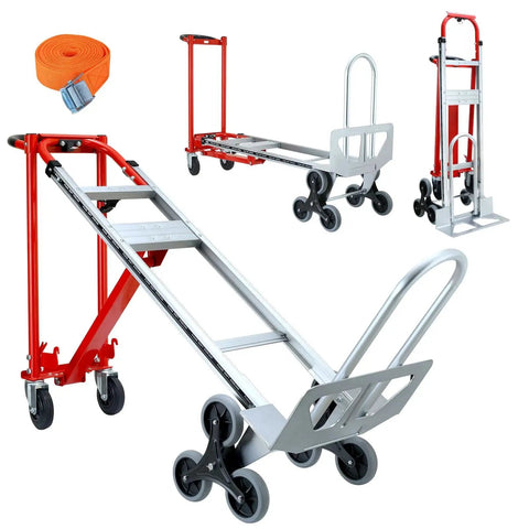 3 In 1 Convertible Aluminum Hand Truck Dolly With 1000 Lbs Capacity, Stair Climbing Upright Mode And Four Wheel 45 Degree Tilt, Red
