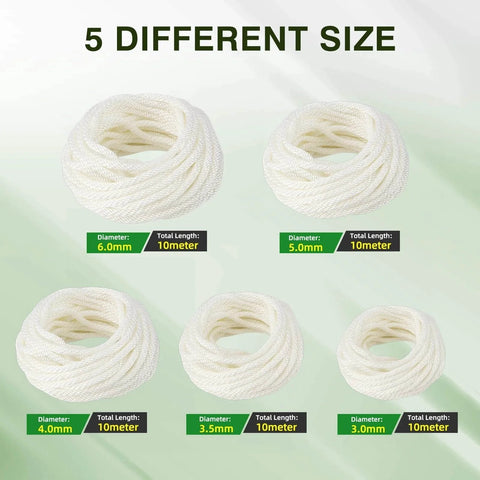 Variety of pull start cords in 5 sizes, featuring 5.0 mm pull start cord replacement for lawn mower and outdoor power equipment, 10 meters long.