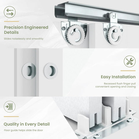 Close-up of sliding mechanism for 112x80 inches bypass frosted glass sliding closet door, showing installation details and hardware.