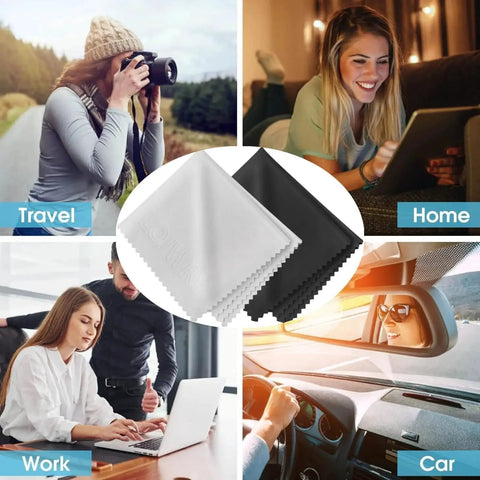 Ultra Soft Microfiber Cleaning Cloths For Glasses And Screens Six Pack Premium shown in travel, home, work, car settings