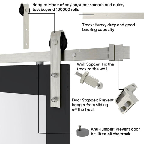 Glass Barn Door 42x96 Inch With 5-Panel Frosted Glass, Solid Wood Frame Wrapped In Waterproof PVC Surface, Black Finish, sliding door hardware