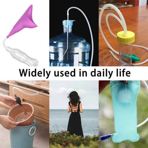 Female urination device connector with purple funnel and clear tubing, front view
Hose barb connector installed on water jug cap with extension tube, side view
Yellow-capped bottle with white tubing connected by hose barb fitting, close-up
Urination device connector used to drain a pot into a trash can, installation view
Woman in backless black dress stands on beach looking at sea, lifestyle shot
Soft blue collection bag with tubing for reservoir, close-up view