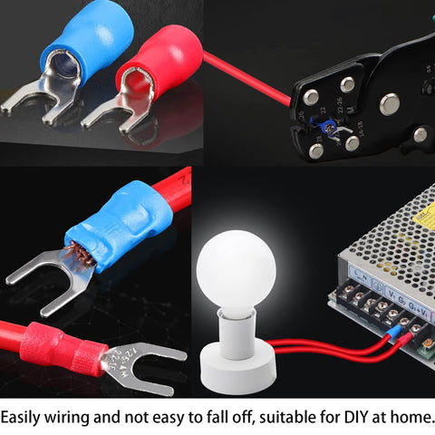 Feggizuli 280PCS crimp connectors kit with 2.8/4.8/6.3mm spade terminals; blue/red insulated forks and rings, crimp tool