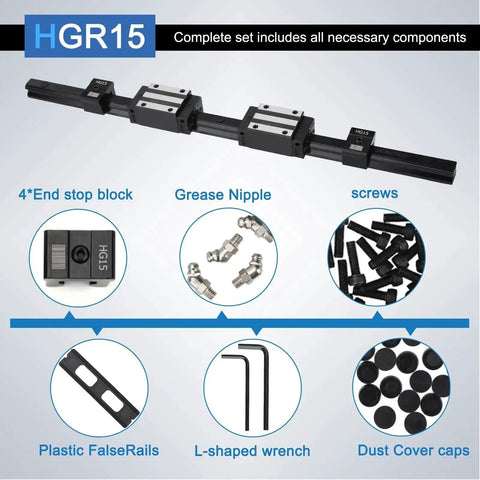 350mm HGR15 Linear Rail Kit With 4 HGH15CA Carriage Blocks And 4 HG15 End Stop Blocks, including components and tools view