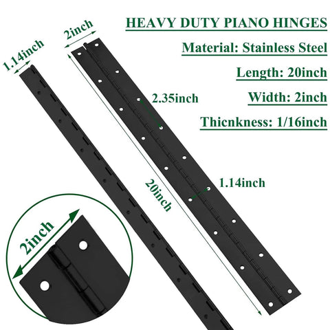 2-pack heavy-duty piano hinge set, black stainless steel, 20 in long, 2 in wide, 1/16 in thick with mounting holes.