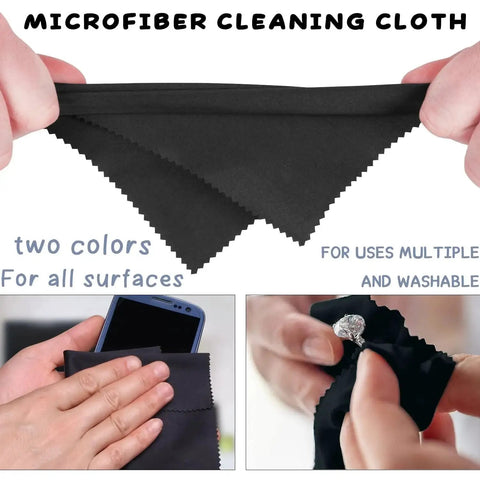 8 Pack Microfiber Cleaning Cloths For Glasses Screens Cameras shown in use on phone and jewelry, highlighting dual-color design.