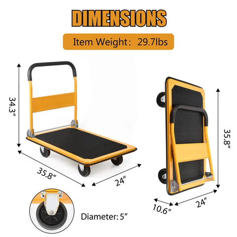 Dimensions of Heavy Duty Foldable Platform Truck With 880 Lb Capacity For Large Loads, Space Saving Push Cart, yellow, size details