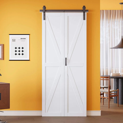Space Saving Bifold Barn Door Kit With Pre Assembled Panels And Sliding Hardware No Sweat Install Solid Core Water Resistant Finish Easy Assembly K Shape Bi Fold Door 32 By 84 Inches For Tight Openings shown installed in room