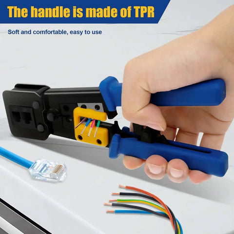 Hand using RJ45 Crimp Tool Set For Ethernet Cabling Pro Grade Workhorse Crimping Tool With Mini Wire Stripper in action