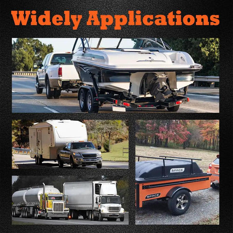 AuraWINS electric trailer brake magnet kit collage; shows multiple trailer and towing setups (boat trailer, RV, truck)