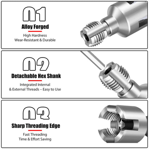 Close-up of Pro Grade PPR Pipe Threading and Reaming Tool Kit for Plumbing Projects, highlighting alloy, hex shank, threading edge.