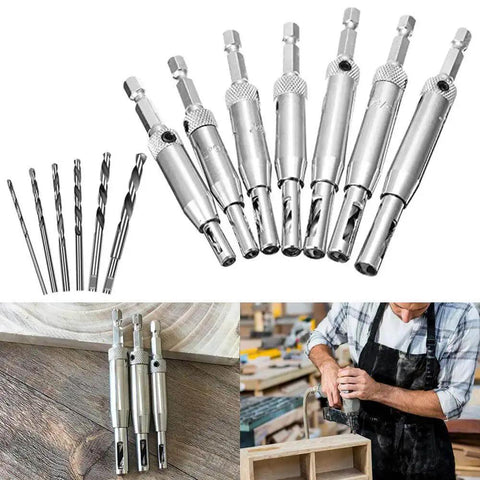 Center Drill Bit Set 21 Piece With Self Centering Hinge Tapper Core Hole Puncher And Hex Key Includes Bits 5/64 In 7/64 In 9/64 In 11/64 In 13/64 In 5 Millimeter And 1/4 In Plus 10 Replacement Bits AFUNTA displayed with woodworker using a drill.